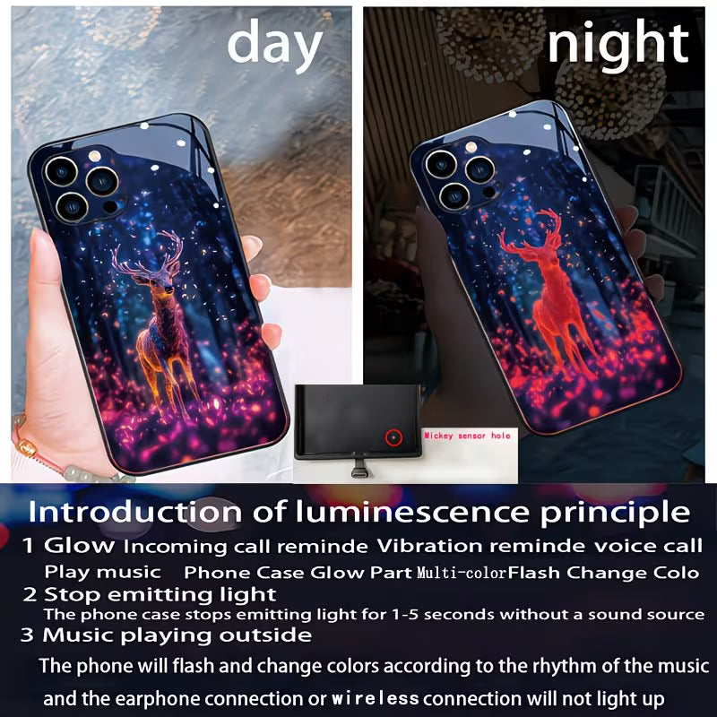 "Funda luminosa con ciervo mágico de día y de noche — se ilumina con música y llamadas — Soñando en Azul"