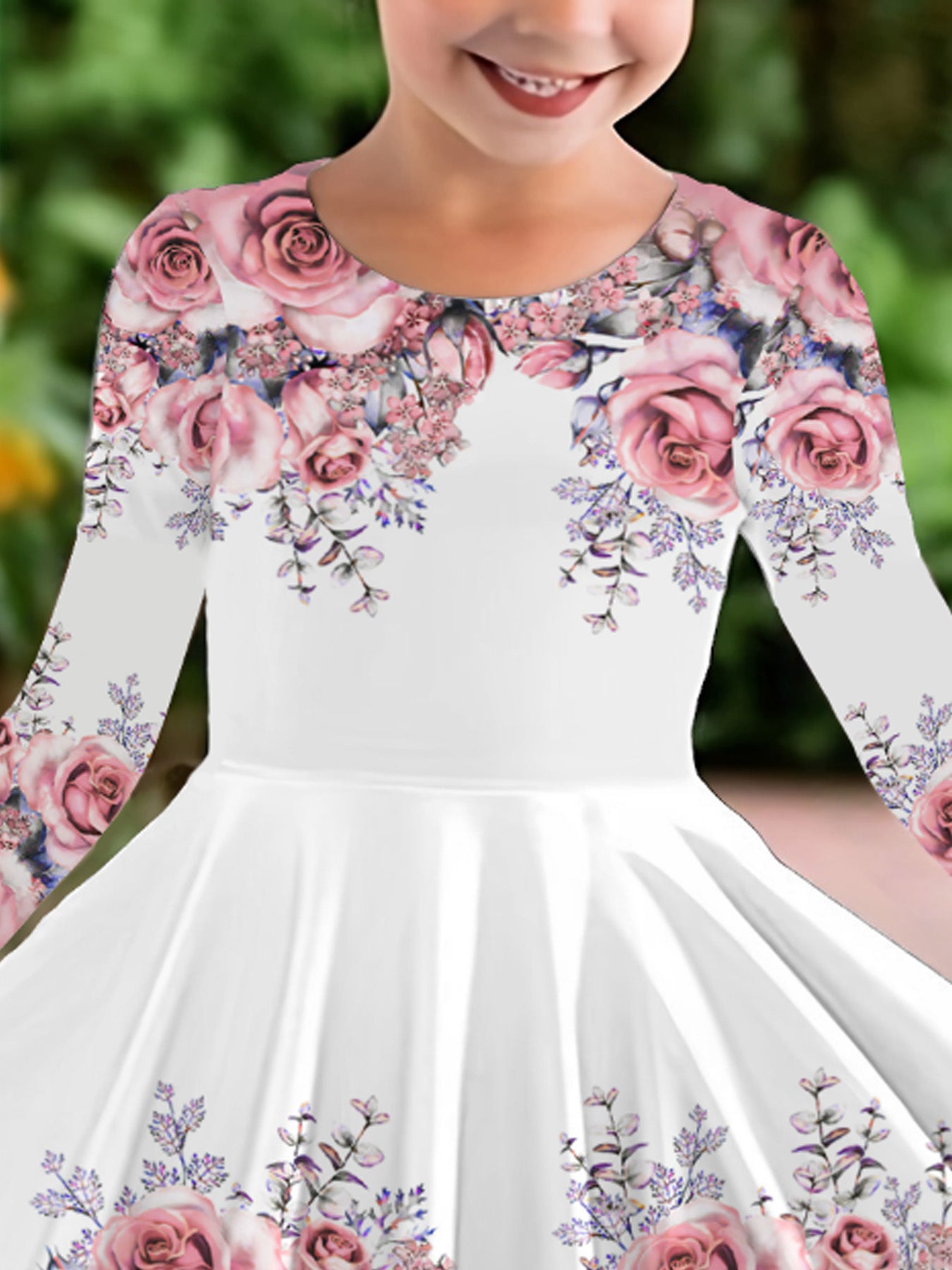 Vestido de Rosas Rosadas para Niña | Falda Giratoria, Mangas Largas, Estampado Floral | Tallas 5-6 a 13-14 Años
