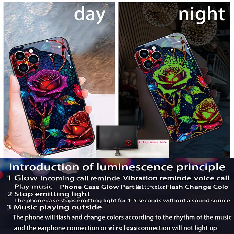 "Funda para teléfono con rosas — en inglés,- comparación de cómo se ve de día y de noche con las luces LED encendidas"