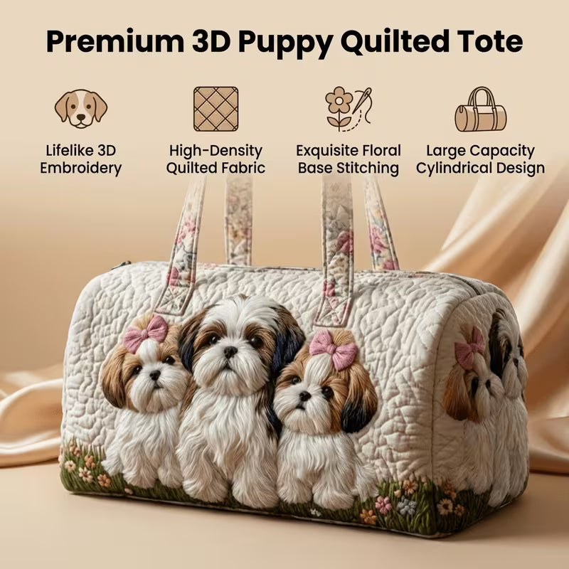 Encantador bolso tote acolchado estilo cottage core con diseño floral de cachorro Shih Tzu