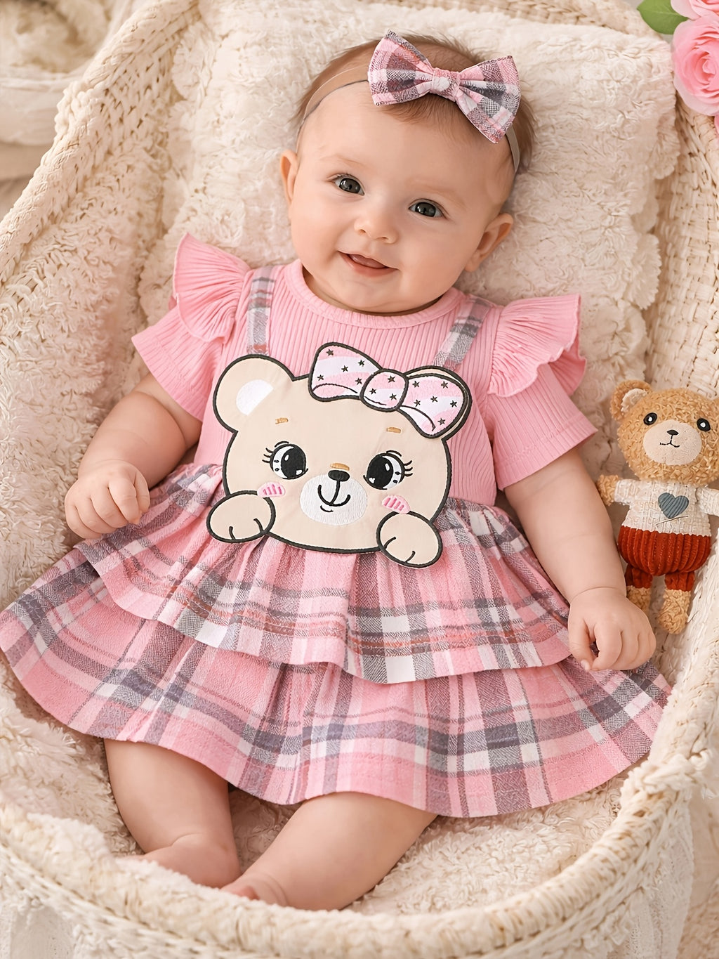 Vestido Romper Rosa para Bebé Niña con Diadema — Diseño Osito Tierno, Tallas 1-3M a 12-18M