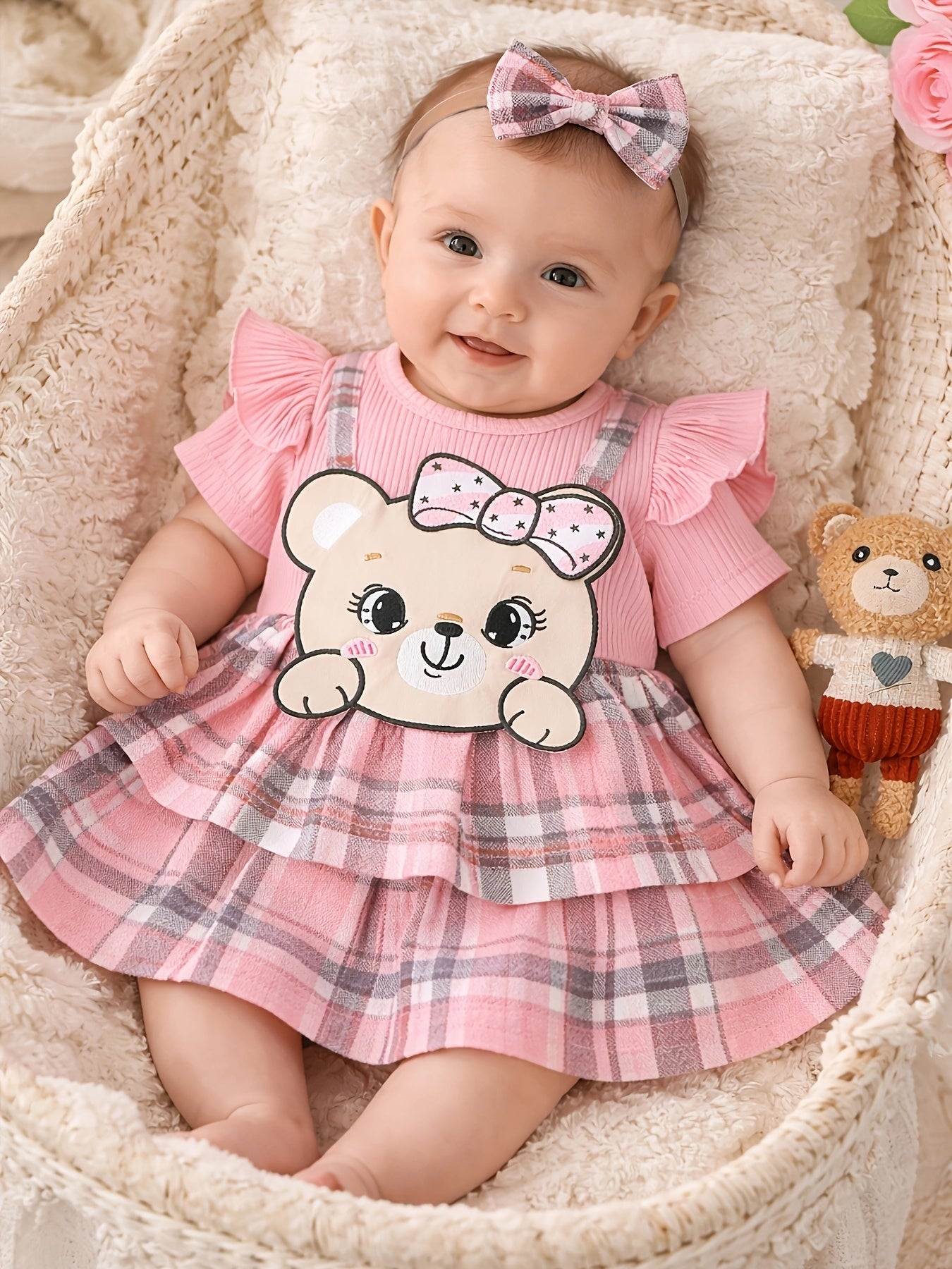 Vestido Romper Rosa para Bebé Niña con Diadema — Diseño Osito Tierno, Tallas 1-3M a 12-18M