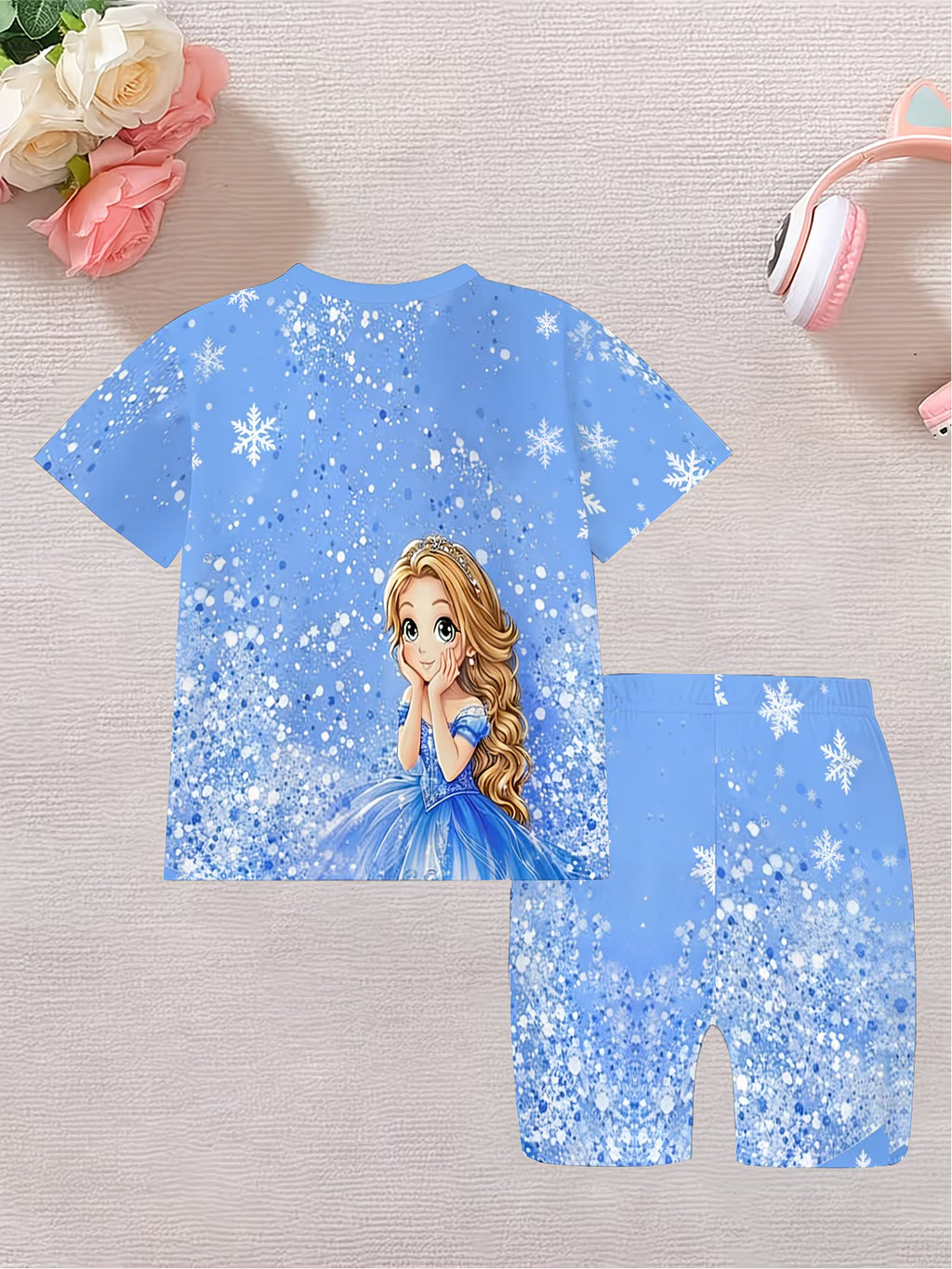 Conjunto de Camiseta y Shorts para Niña | Estampado 3D Princesa Azul | Tallas 1-2 a 13-14 Años