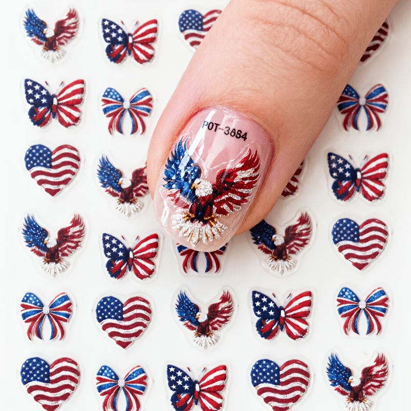 Calcomanías para Uñas Patrióticas 🇺🇸 | 2 Hojas | Águila, Mariposa, Corazón | 4 de Julio