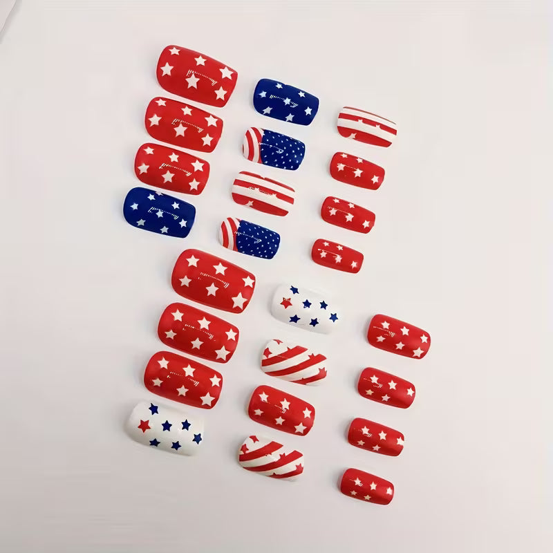 Uñas Postizas Patrióticas 4 de Julio | Estrellas Rojo, Blanco y Azul | 24 Piezas con Pegamento