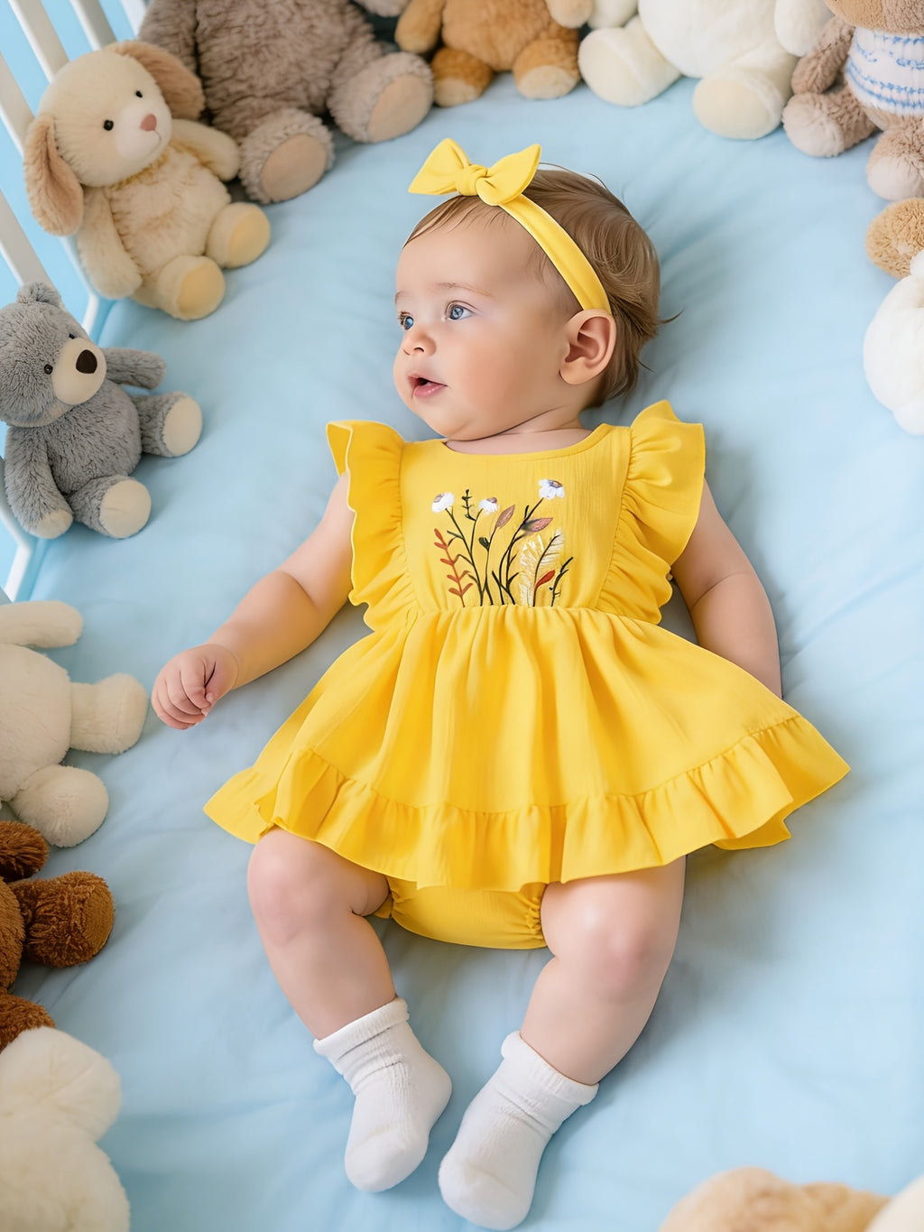 Vestido Romper Amarillo para Bebé | Bordado de Flores, Volantes y Diadema | Tallas 1-3M a 12-18M