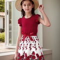Vestido Midi de Rosas para Niña | Cuerpo Borgoña, Falda Floral, Lazito en Cintura | Tallas 1-2 a 7-8 Años