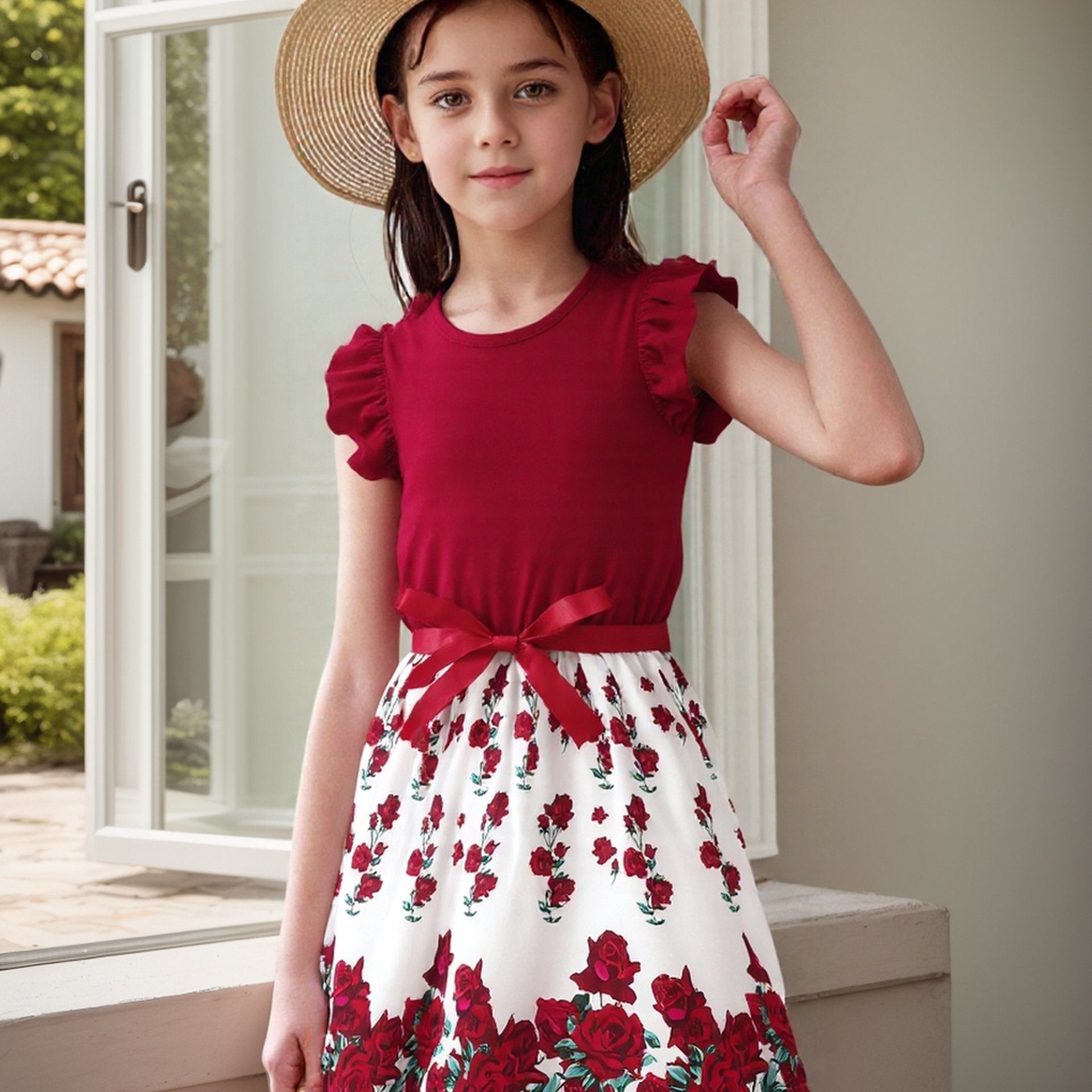 Vestido Midi de Rosas para Niña | Cuerpo Borgoña, Falda Floral, Lazito en Cintura | Tallas 1-2 a 7-8 Años