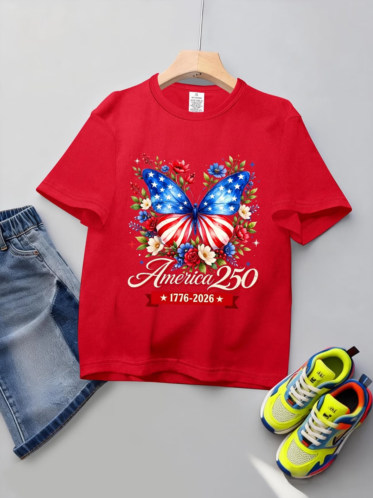 Camiseta Niños y Niñas | Mariposa Patriótica 250 Años USA 🦋🇺🇸 | Tallas 3 a 14 Años | 7 Colores