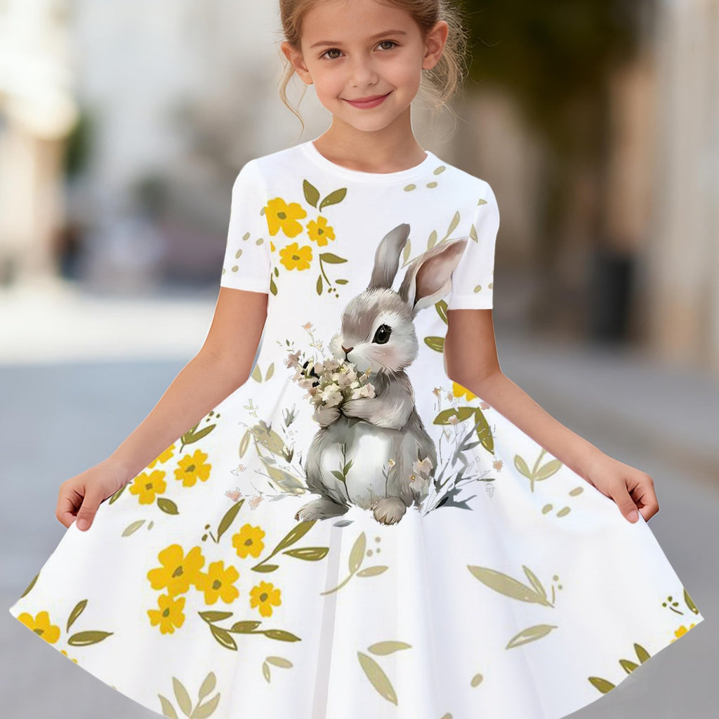 Vestido de Verano con Conejito 3D para Niña | Flores Amarillas, Manga Corta, Falda Acampanada | Tallas 3-4 a 11-12 Años