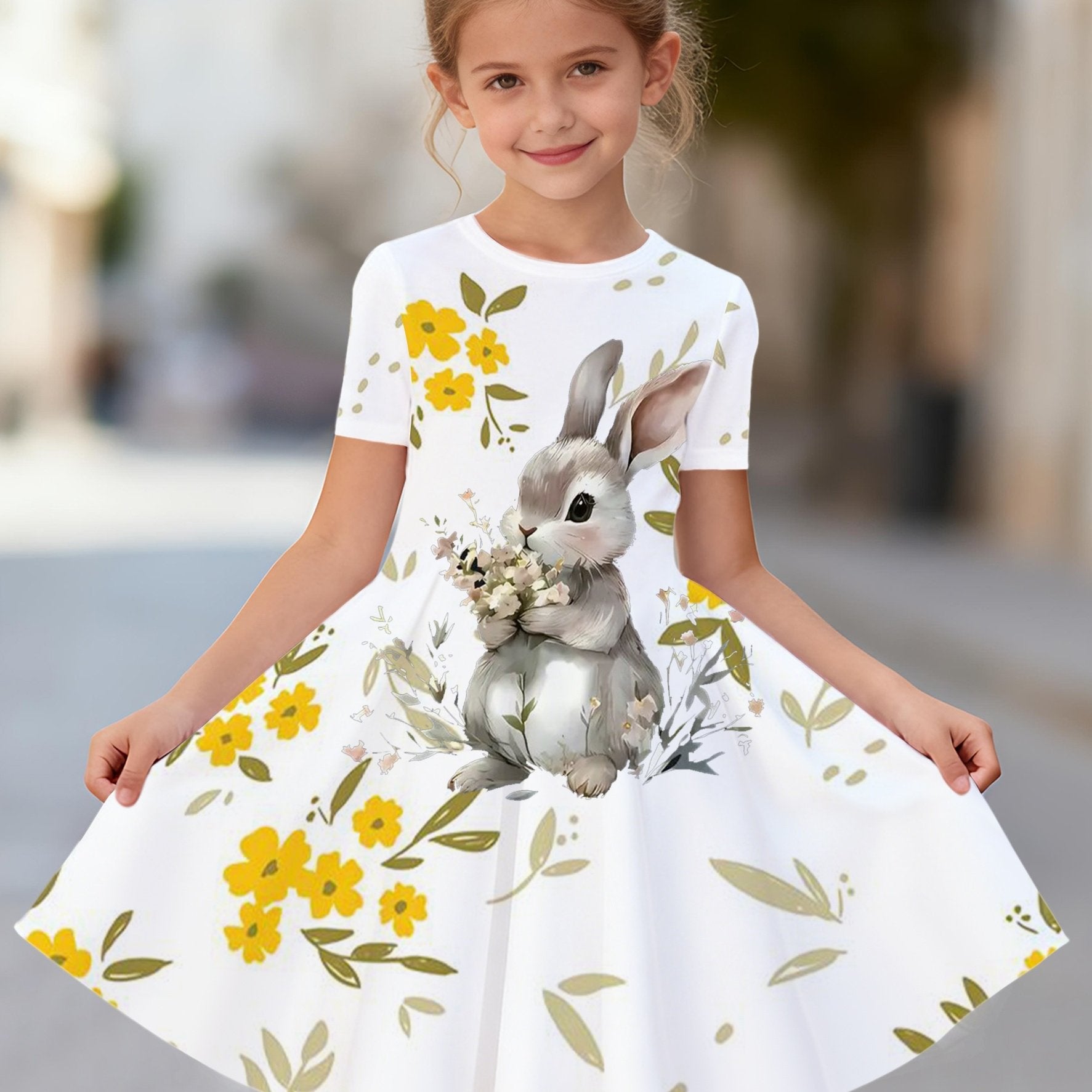 Vestido de Verano con Conejito 3D para Niña | Flores Amarillas, Manga Corta, Falda Acampanada | Tallas 3-4 a 11-12 Años