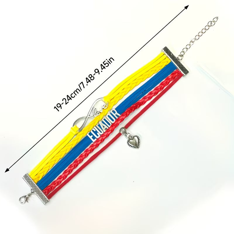 Pulsera Ecuador | Cuero Trenzado Amarillo Azul Rojo | Dije Corazón | Unisex