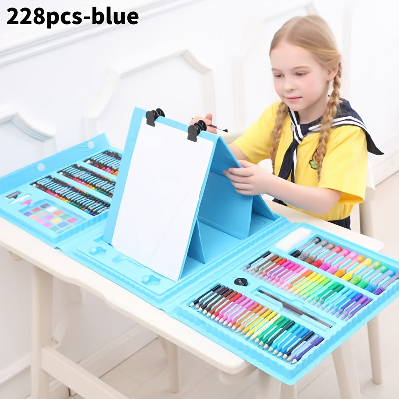 Set de Arte 228 Piezas 🎨 | Kit Completo de Pintura para Niños | Rosa y Azul | Con Estuche