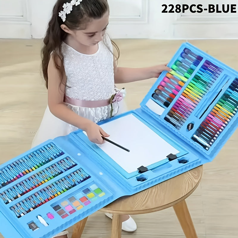 Set de Arte 228 Piezas 🎨 | Kit Completo de Pintura para Niños | Rosa y Azul | Con Estuche
