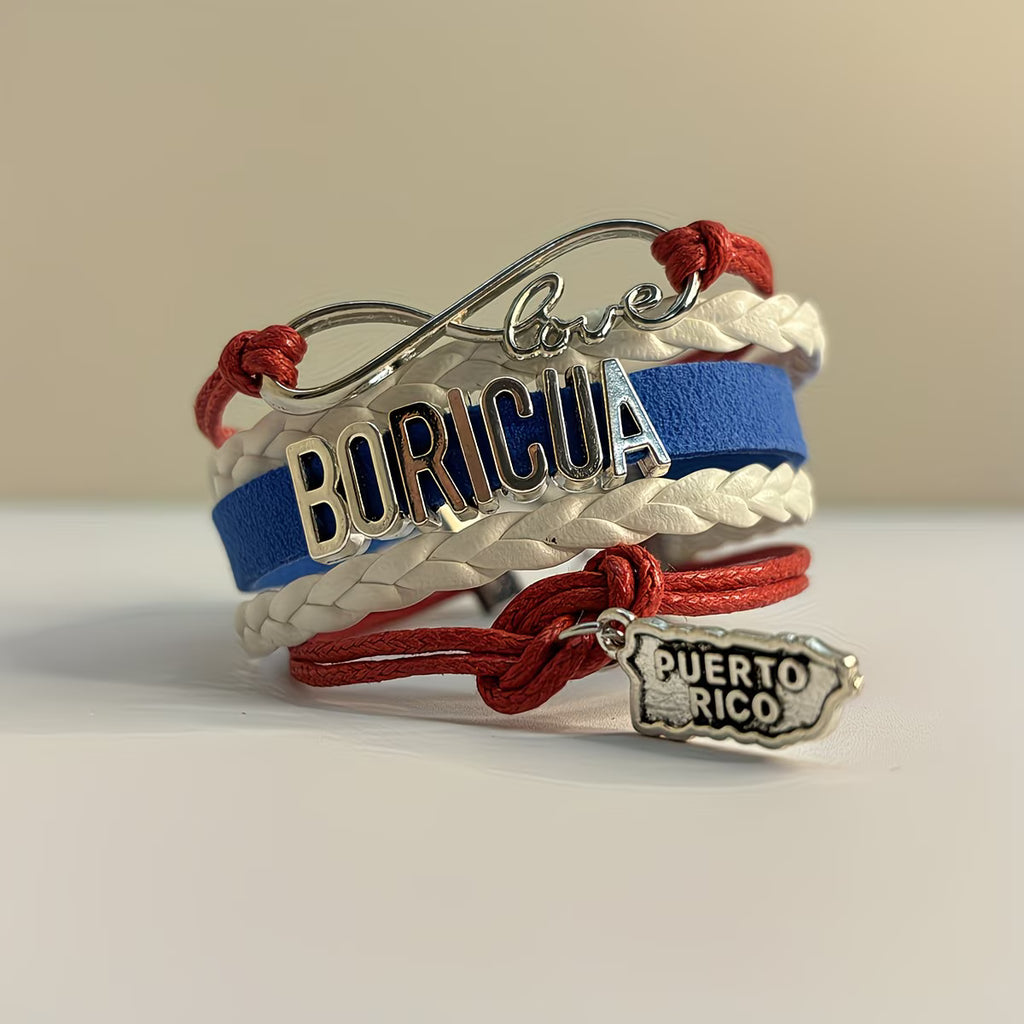 Pulsera Boricua Puerto Rico | Mapa y Corazón | Cuero Trenzado Rojo Blanco Azul | Unisex