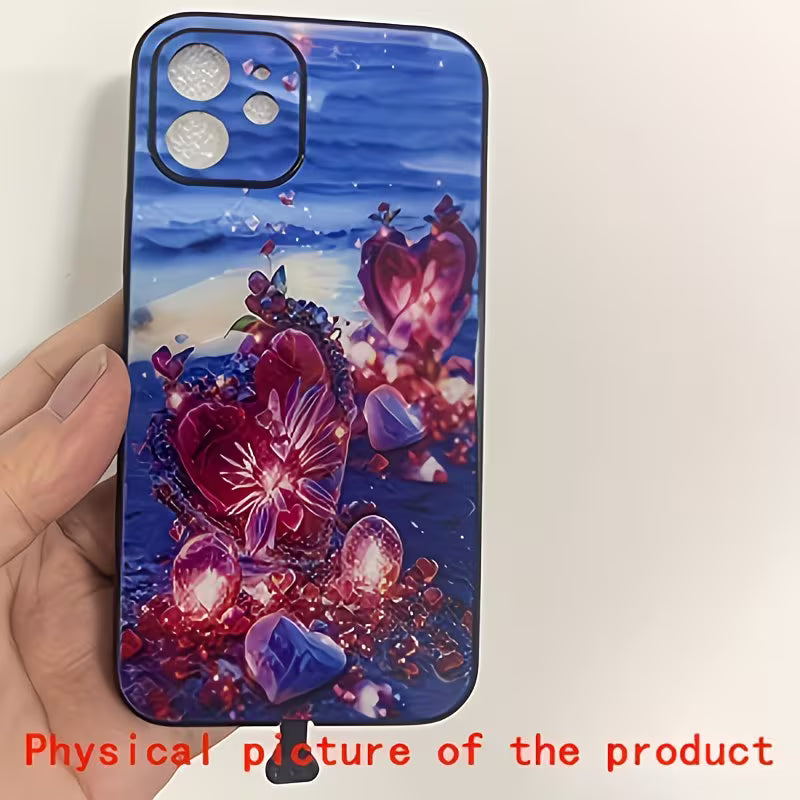 Foto real del producto — funda inteligente amor de diamantes con corazones y flores en playa azul, diseño luminoso