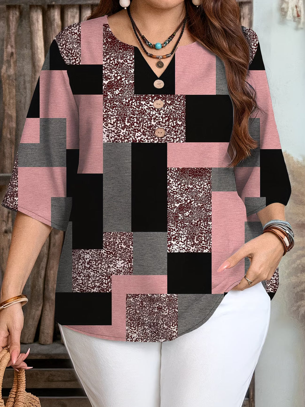 Blusa Plus Size para Mujer | Estampado Geométrico, Manga 3/4, Cuello en V | Tallas 1XL a 5XL