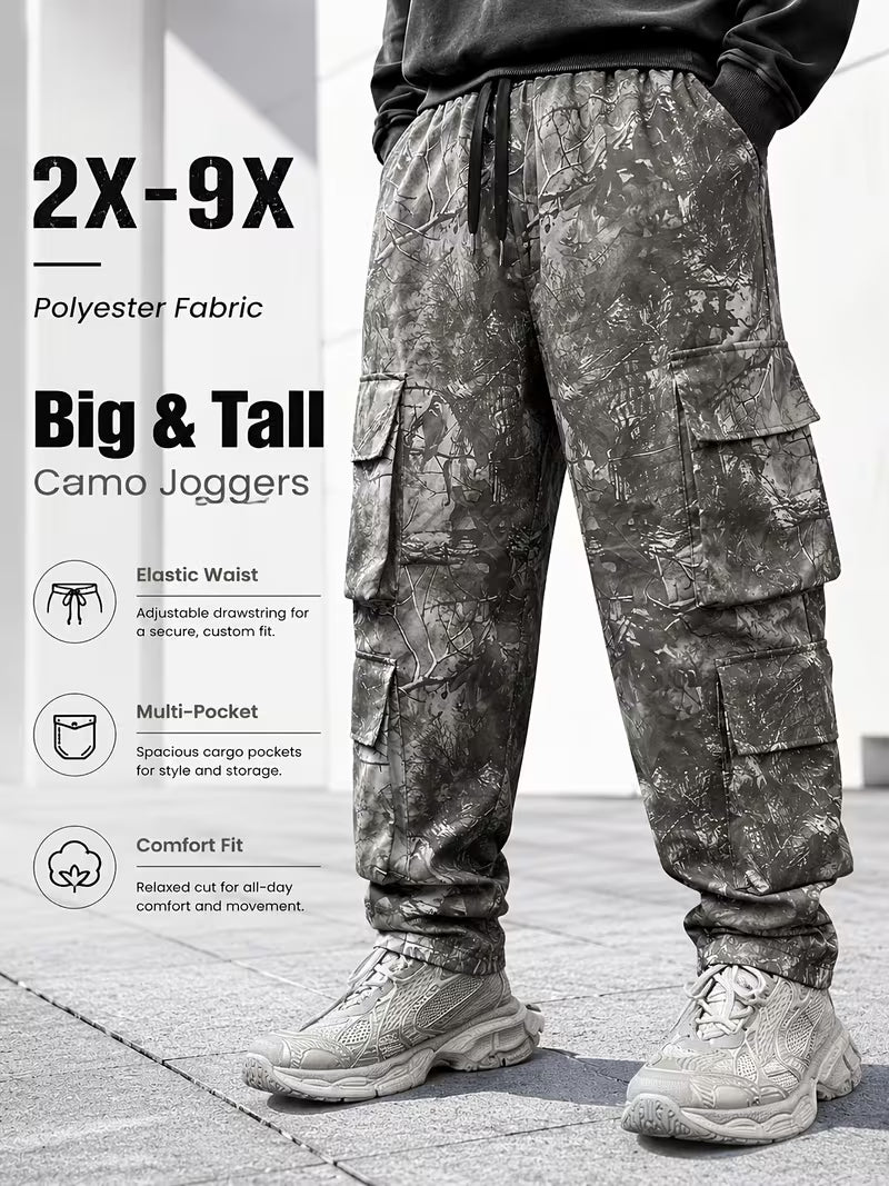 Pantalón cargo de camuflaje gris para hombre, tallas grandes 2XL a 9XL, con cintura ajustable y múltiples bolsillos.
