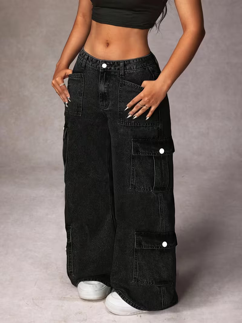 Pantalones cargo de mezclilla,  en negro para mujer de pierna ancha, casuales y elegantes