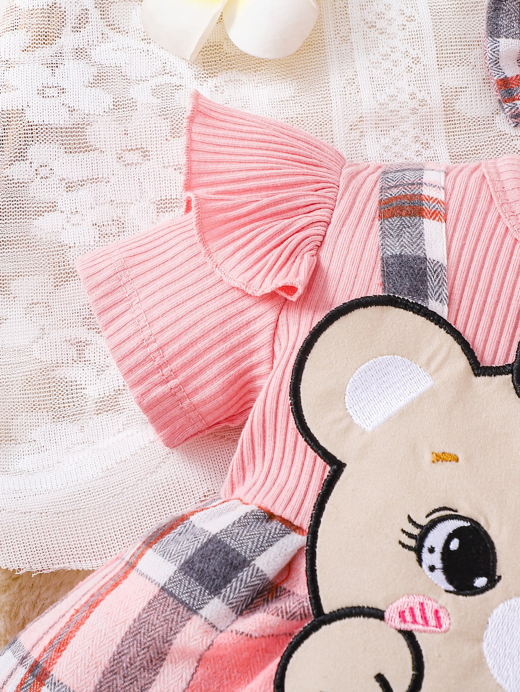 Vestido Romper Rosa para Bebé Niña con Diadema — Diseño Osito Tierno, Tallas 1-3M a 12-18M