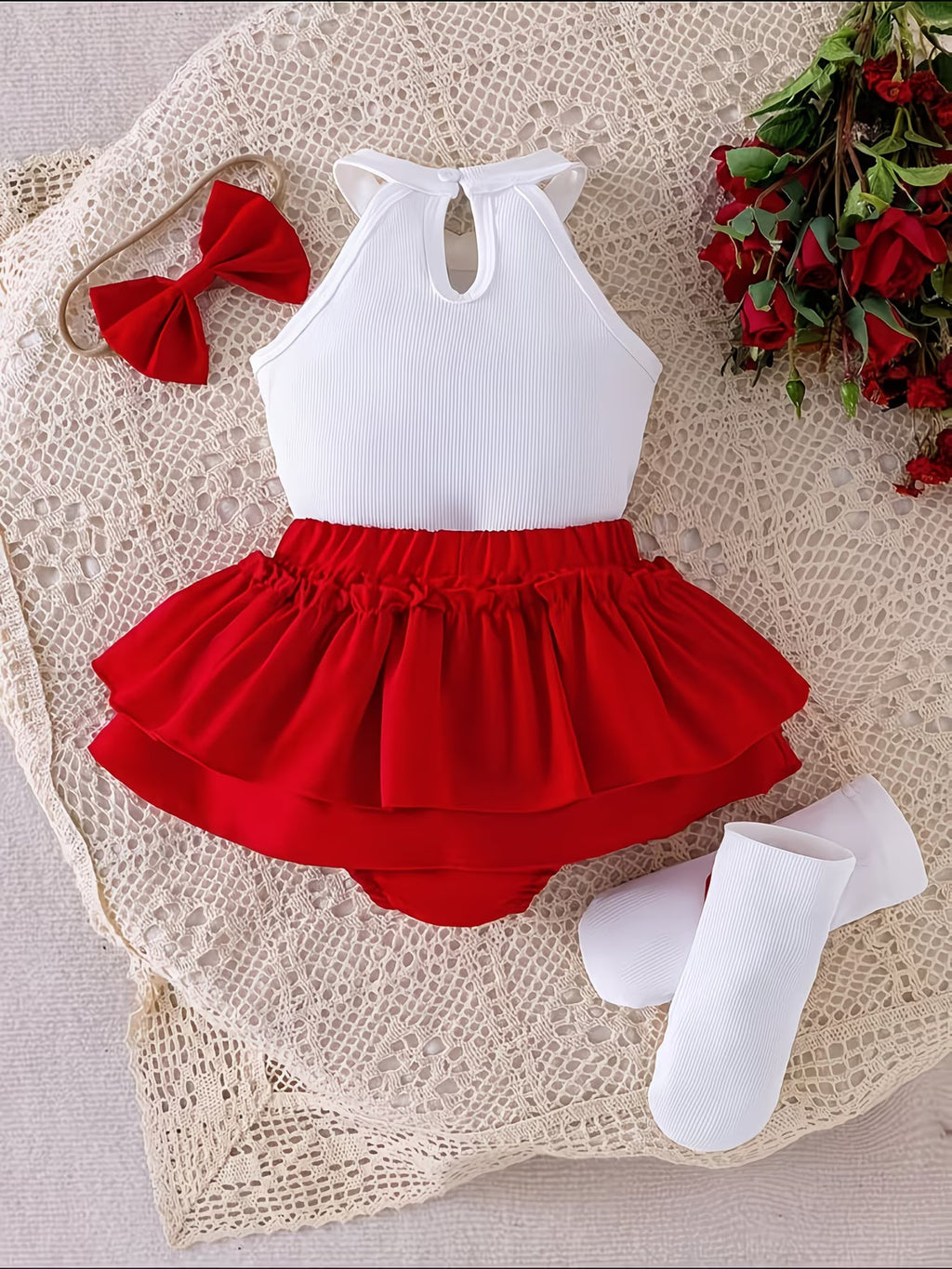 Conjunto de 4 Piezas para Niña: Top Halter de Fresa Estiloso + Falda de Pastel con Lazo + Diadema + Calcetines