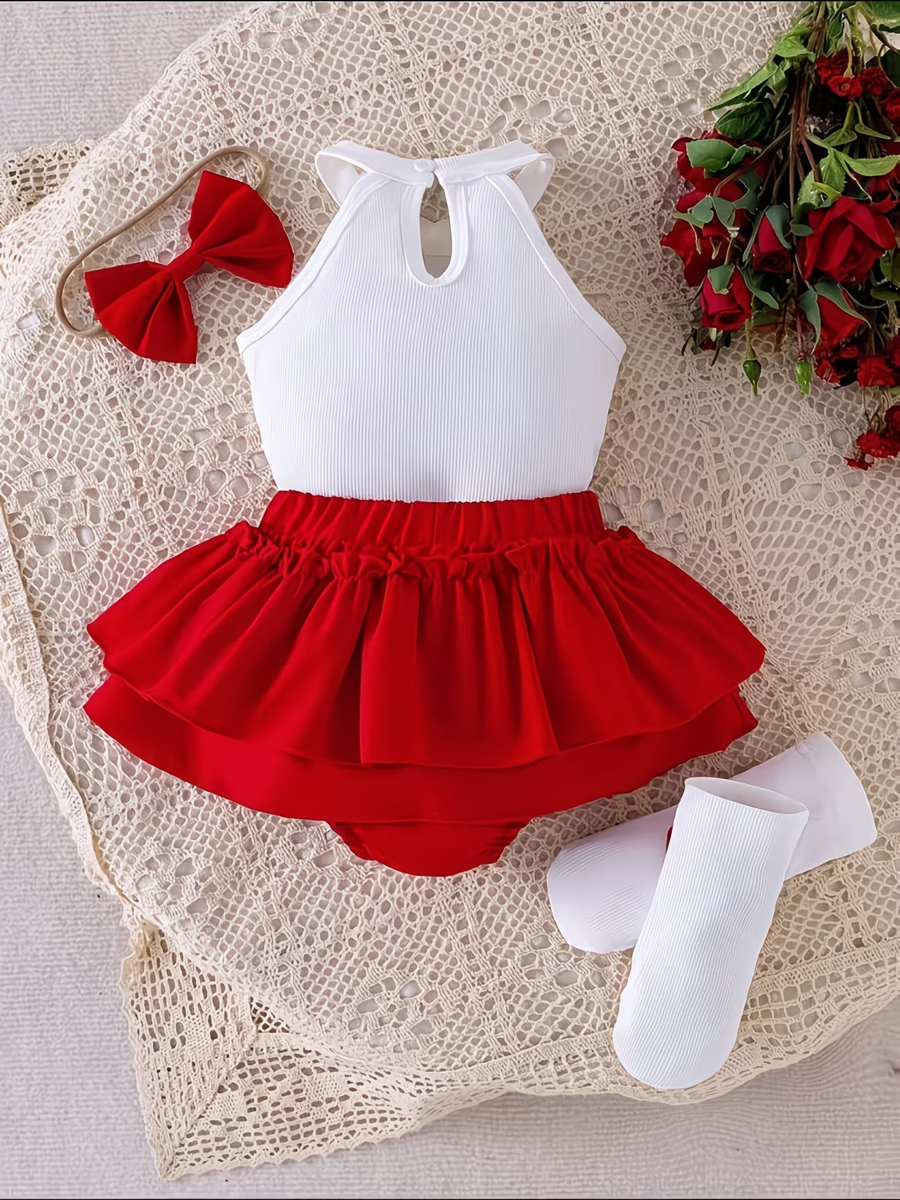 Conjunto de 4 Piezas para Niña: Top Halter de Fresa Estiloso + Falda de Pastel con Lazo + Diadema + Calcetines