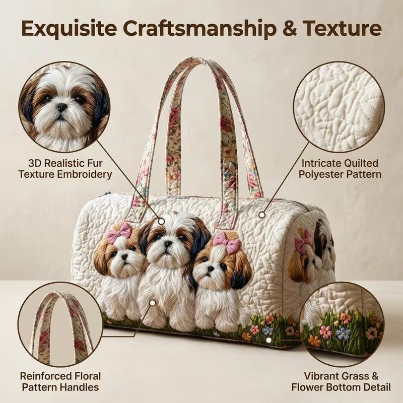 Encantador bolso tote acolchado estilo cottage core con diseño floral de cachorro Shih Tzu