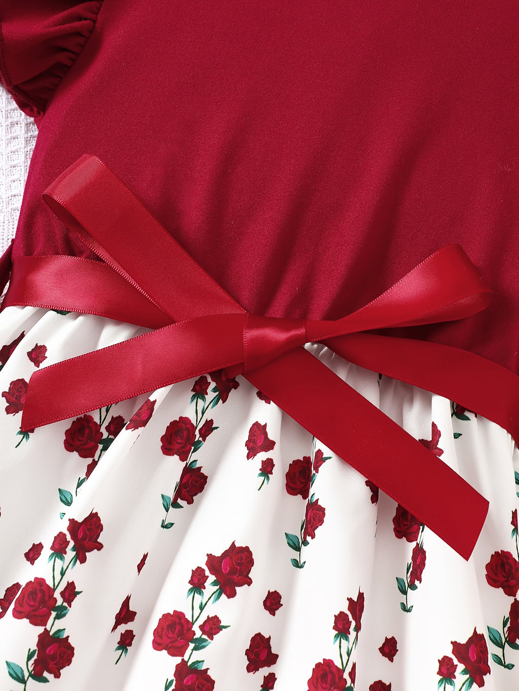 Vestido Midi de Rosas para Niña | Cuerpo Borgoña, Falda Floral, Lazito en Cintura | Tallas 1-2 a 7-8 Años