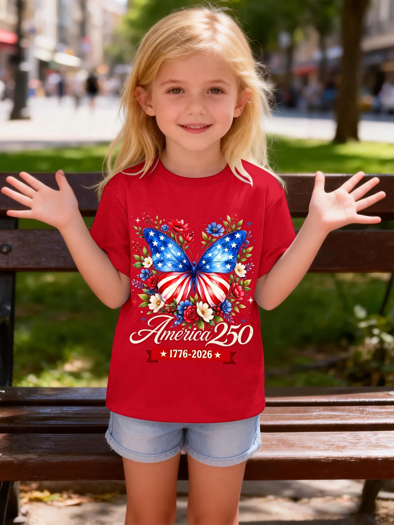 Camiseta roja de niños con estampado de mariposa patriótica de Estados Unidos para el 250 aniversario - Soñando en Azul