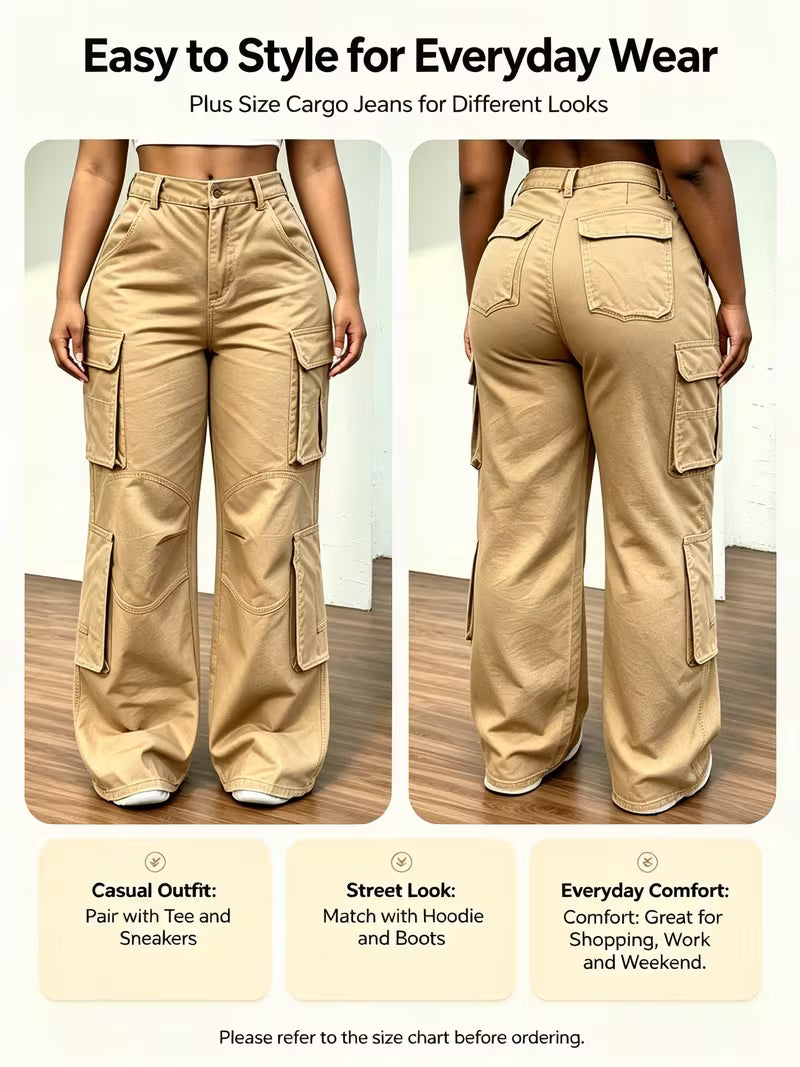 Pantalón cargo de jean para mujer tallas grandes color caqui corte recto Soñando en Azul