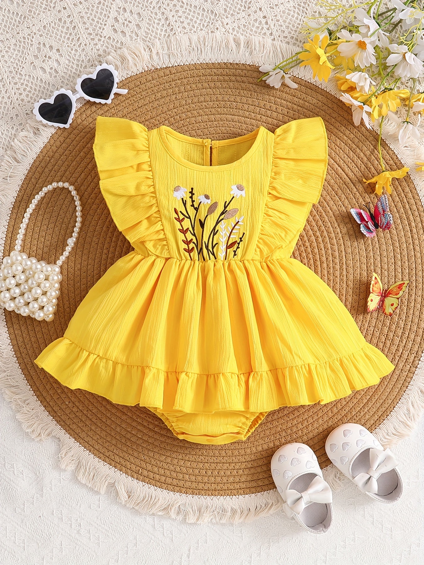 Vestido Romper Amarillo para Bebé | Bordado de Flores, Volantes y Diadema | Tallas 1-3M a 12-18M