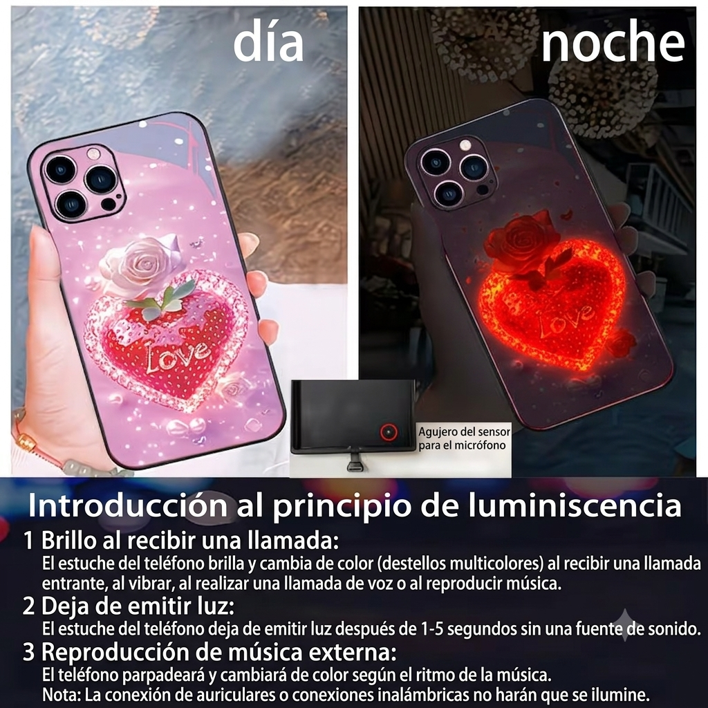 Funda  para teléfono iPhone Fresa Love de día y de noche con luz LED activada por sonido — 7 colores cambiantes