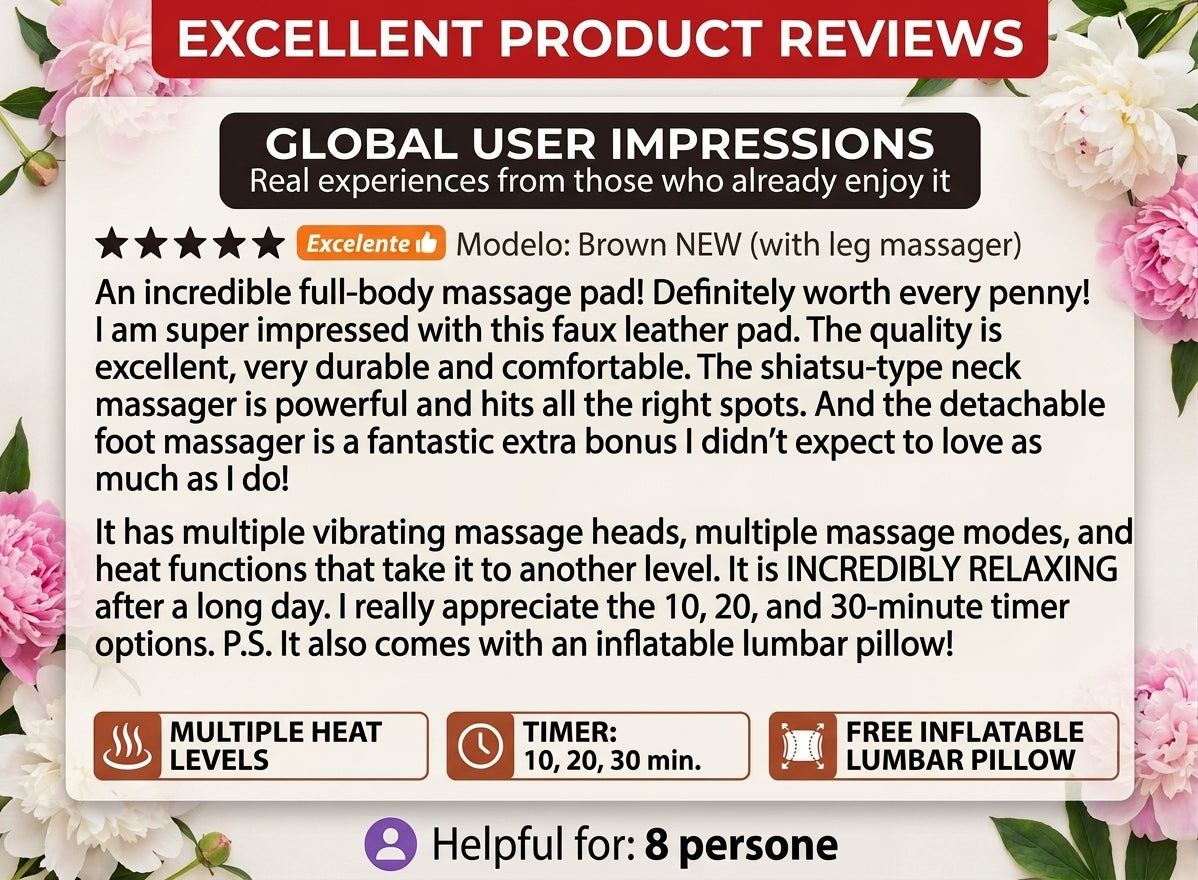 5-star customer review for full body massage mat with shiatsu neck massager, foot massager, and heat therapy at Soñando en Azul on laferiadejulio.com.