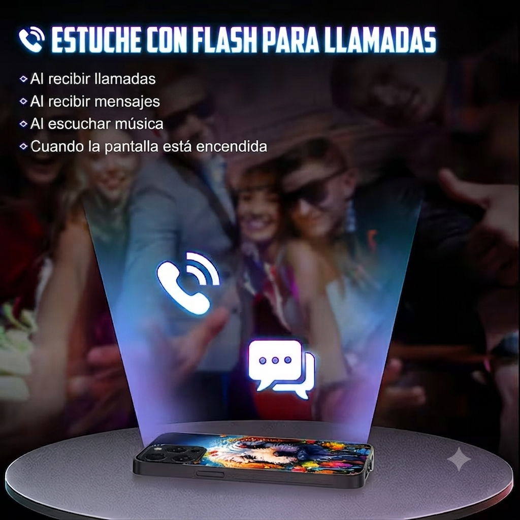 Complete protection bundle: smart phone cases with LED lights and 2 screen protectors.--
Fundas para teléfono con la última tecnología de iluminación LED de 7 colores.