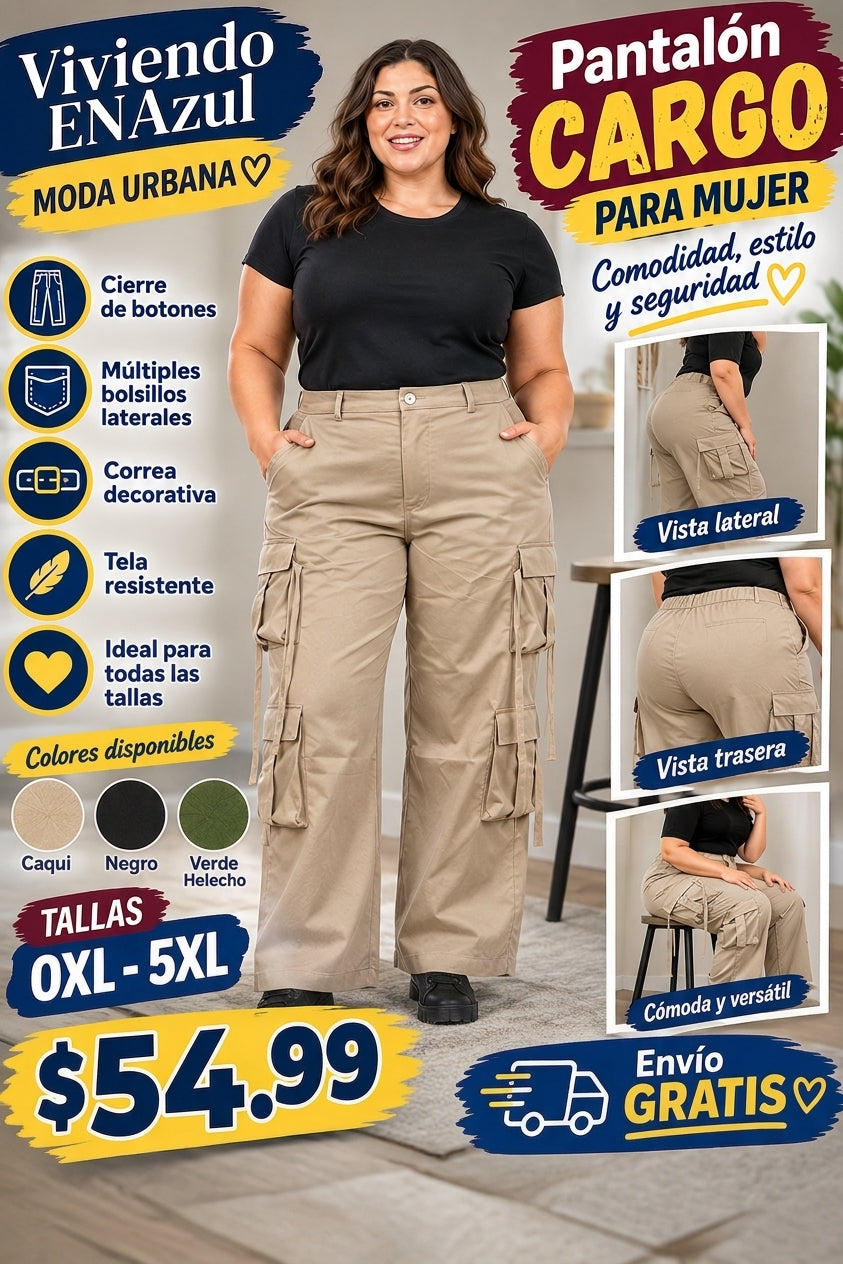 Pantalón cargo Diva Urbana caqui para mujer, con vistas lateral y trasera, tallas 0XL a 5XL.