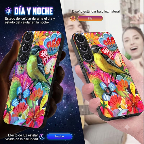 Funda Samsung Galaxy diseño pájaro con flores efecto día y noch