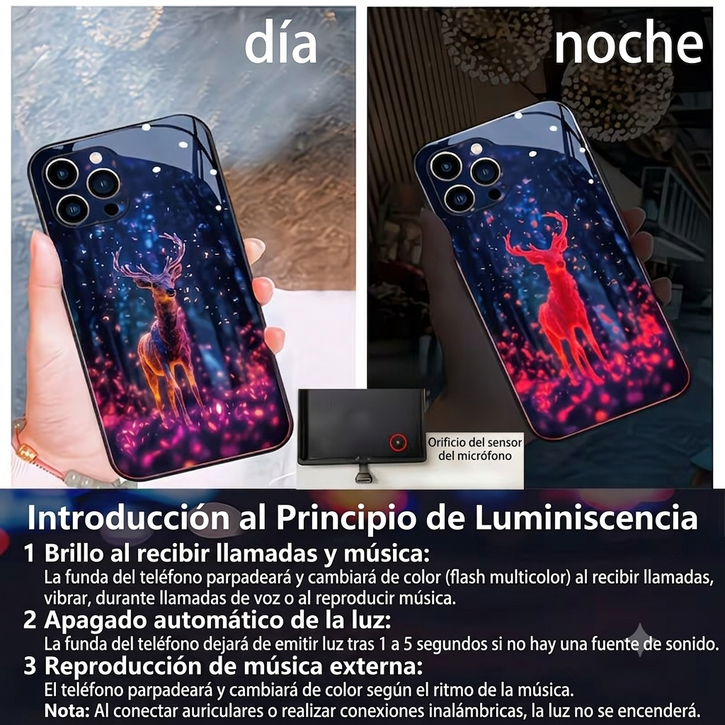 Funda luminosa ciervo mágico bosque de colores — vista de día y de noche iluminada — Soñando en Azul laferiadejulio.com
