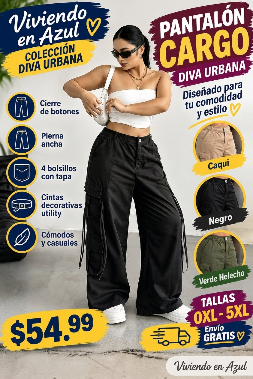 Pantalón cargo Diva Urbana para mujer, en tres colores y tallas 0XL a 5XL, a $54.99 con envío gratis.