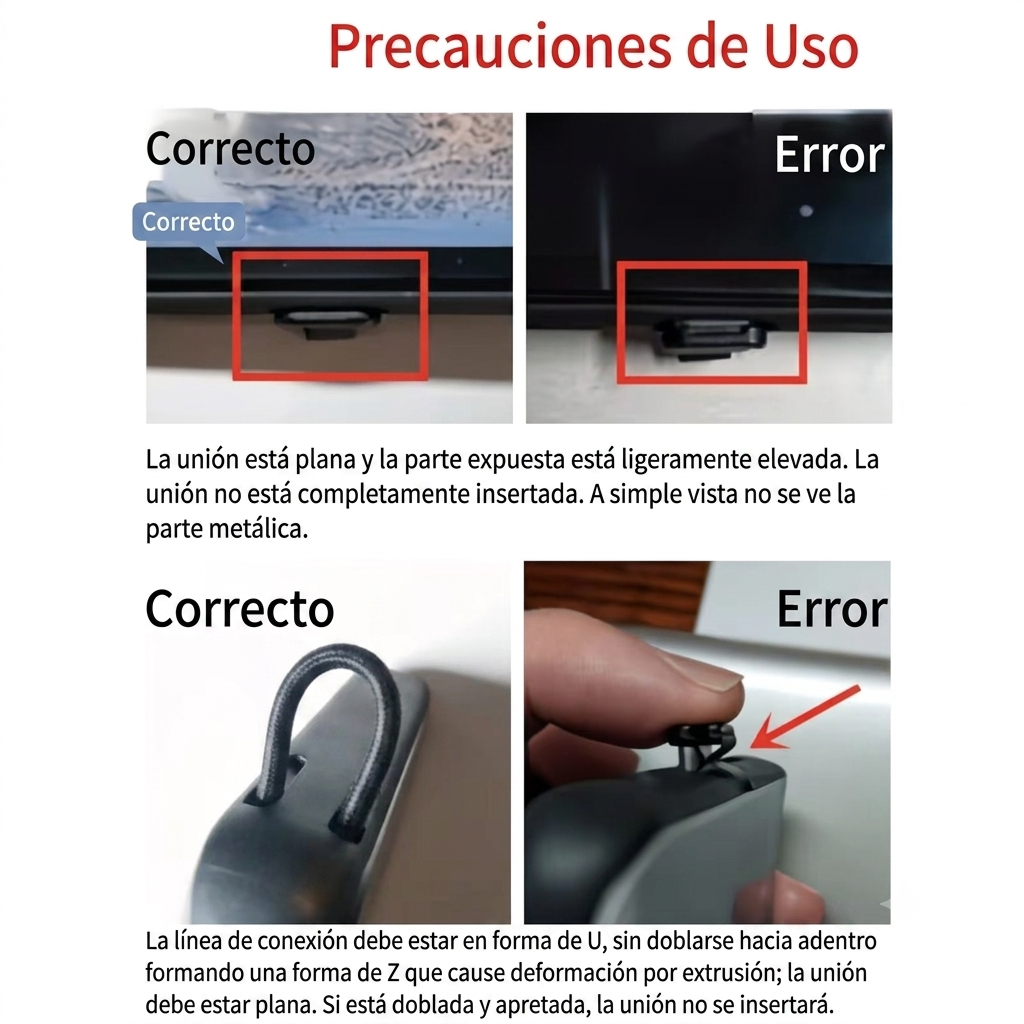 Precauciones de uso de la funda luminosa — cómo insertar correctamente el conector en forma de U