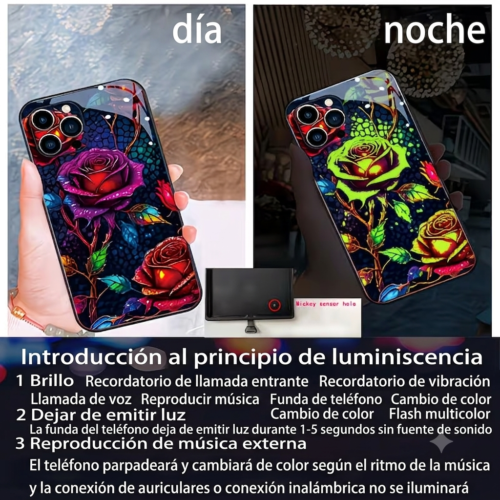 "Funda para teléfono con rosas — comparación de cómo se ve de día y de noche con las luces LED encendidas"