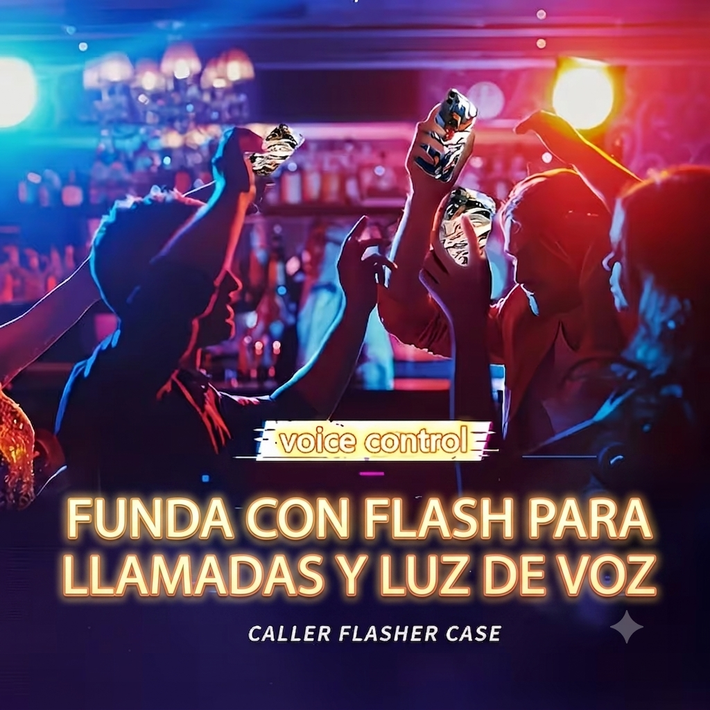 Funda con flash para llamadas y luz de voz — Caller Flasher Case con control de voz en ambiente de fiesta nocturna
