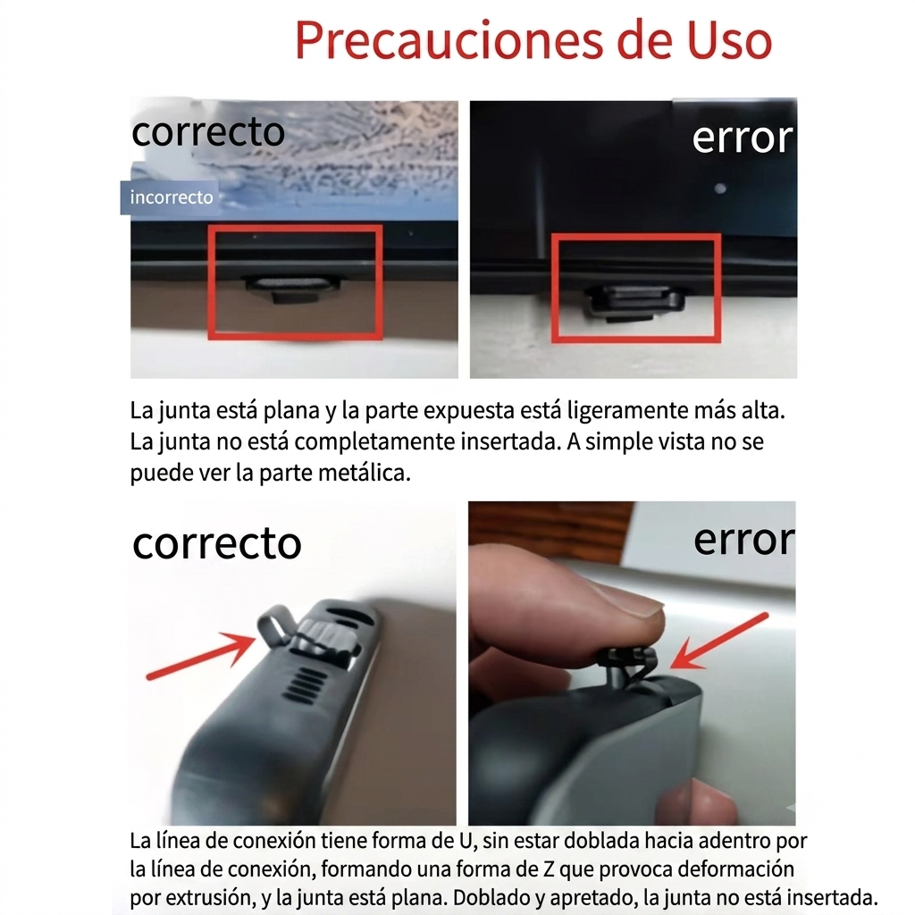  "Instrucciones para instalar tu funda de teléfono: posición correcta del conector plano frente a la posición incorrecta que causa deformación"