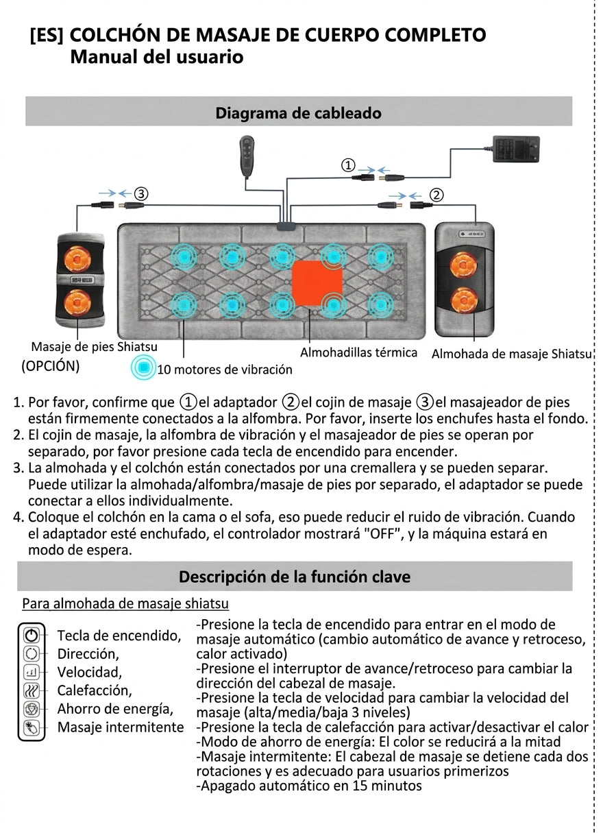 Masajes spa en casa  alivio del dolor  masaje para todo el cuerpo Diagrama de conexión y manual de usuario para colchón de masaje corporal, almohada shiatsu y masajeador de pies en Soñando en Azul en laferiadejulio.com.