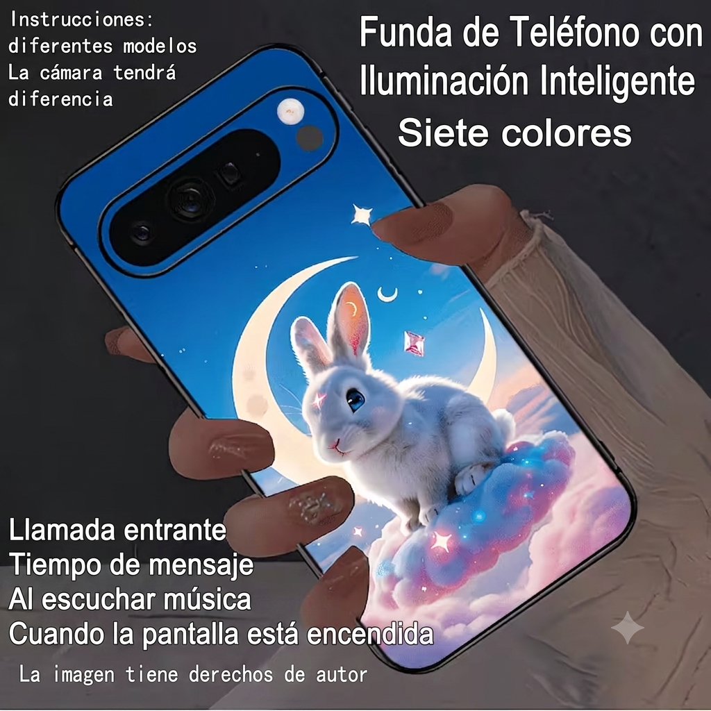 Funda Google Pixel diseño conejo con luna — iluminación inteligente 7 colores, compatible con múltiples modelos Pixel