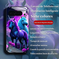 Funda inteligente Google Pixel — diseño caballos con unicornio azul y violeta, iluminación 7 colores con llamadas y música