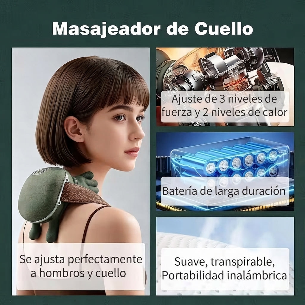 Masajeador de cuello recargable con 3 niveles de fuerza y 2 niveles de calor - batería de larga duración - se ajusta a hombros y cuello