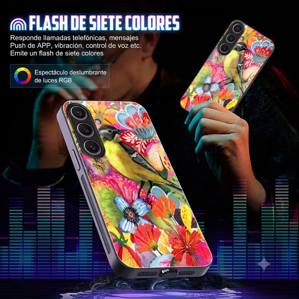 Carcasa Samsung Galaxy diseño pájaro con flores flash de 7 colores