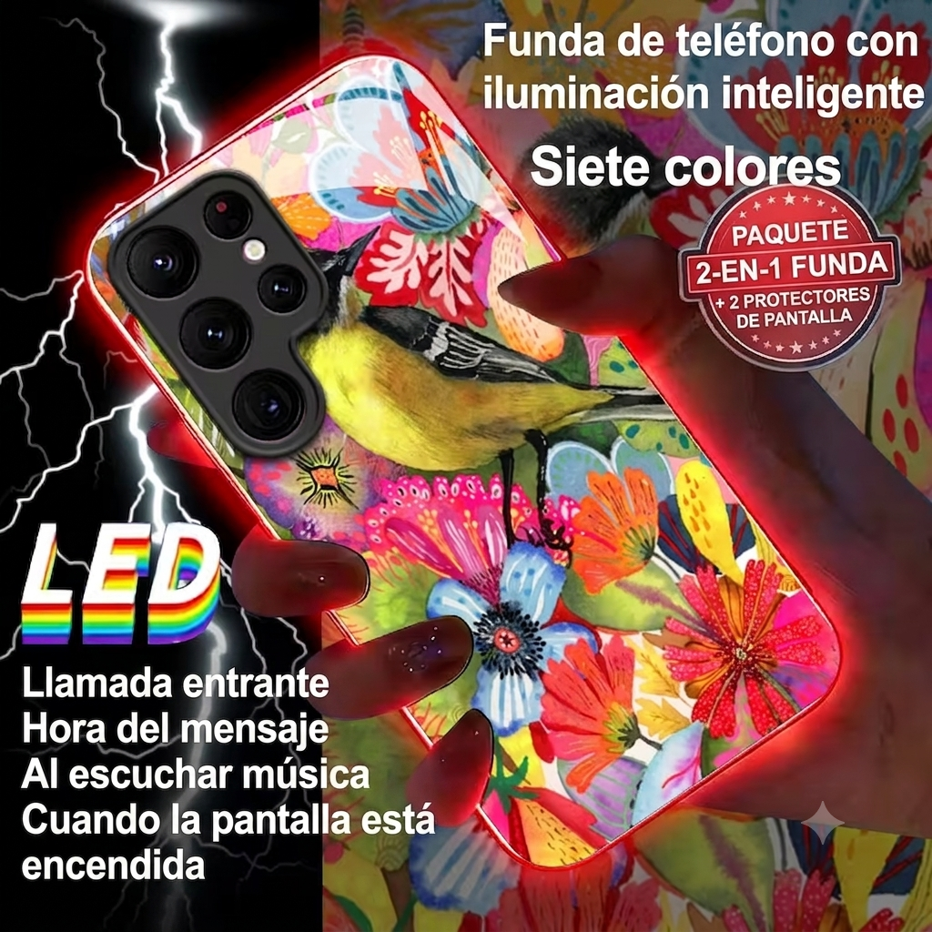 Funda protectora Samsung Galaxy diseño pájaro con flores coloridas que se ilumina en 7 colores LED