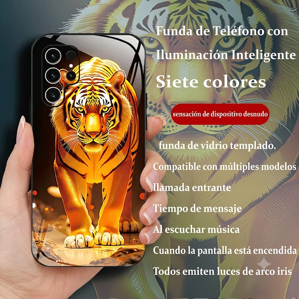 Funda inteligente luminosa diseño tigre de fuego — vista promocional — Soñando en Azul laferiadejulio.com