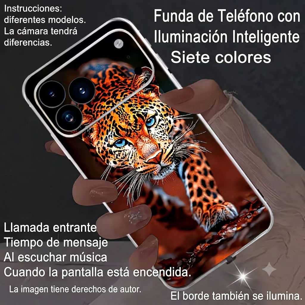 Funda de teléfono con iluminación inteligente 7 colores — diseño leopardo con ojos azules, se ilumina con llamadas, música y mensajes